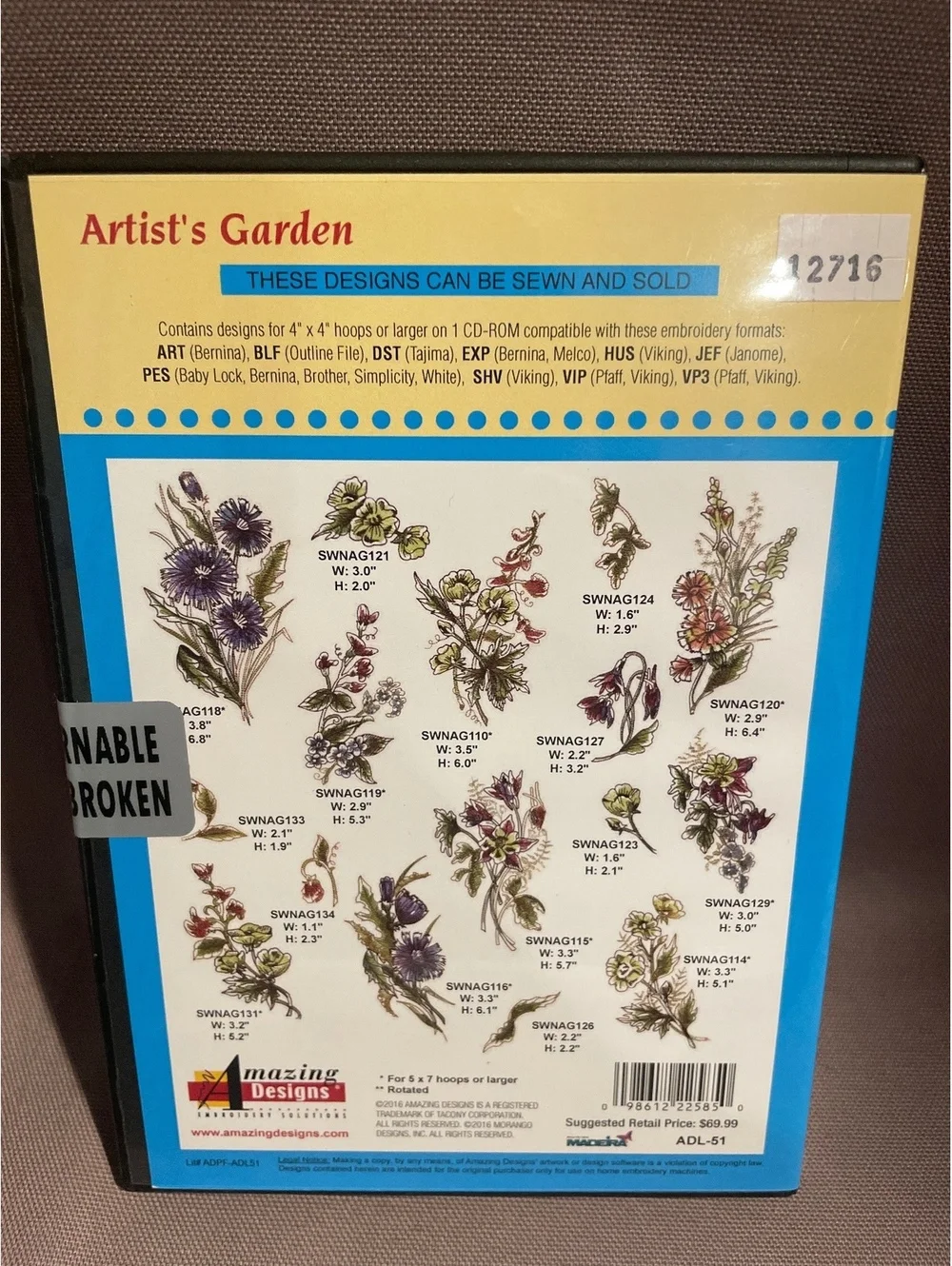 Amazing Designs Artist’s Garden ADL-51 Embroidery Designs CD 35 Floral NWT New